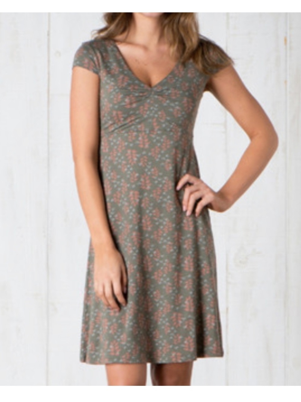 Toad & Co Rosemarie Dress Organic Cotton Olive Green Leaf Print Womens M